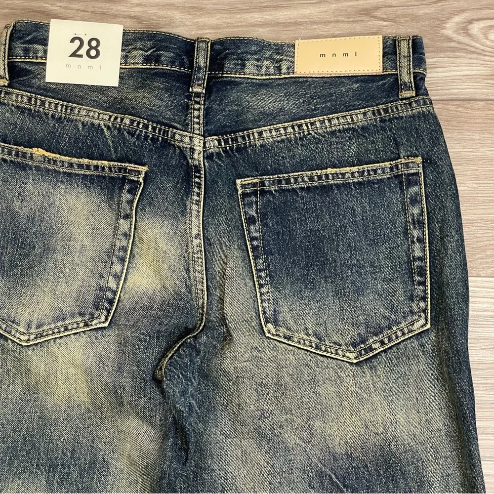 mnml Metal Eyelet Grommet Yellow Washed Distressed Denim Flare Jeans